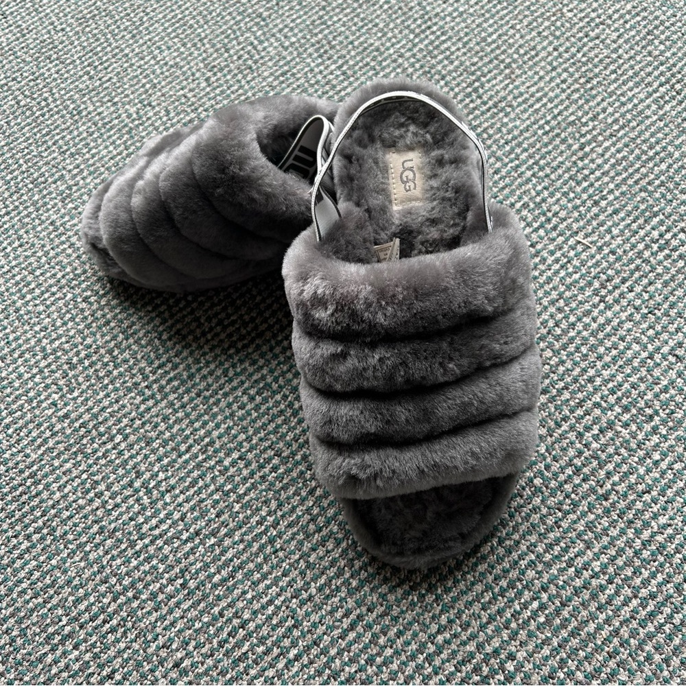 UGG Fluff Yeah‎ Slides Slippers Womens Size 8 Gray Heel Strap 1095119 Sheepskin